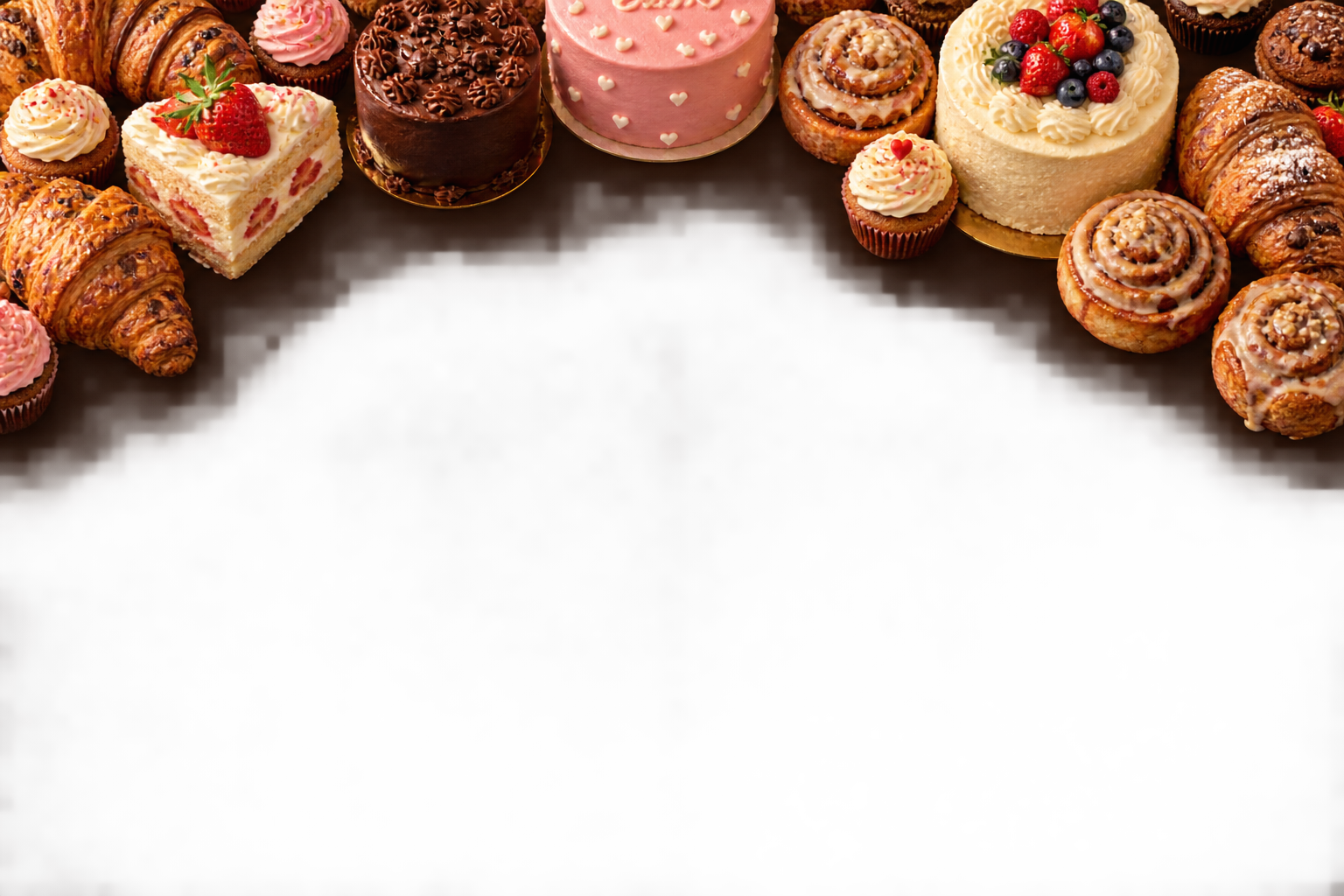 Freshly baked cakes, cupcakes, croissants and cinnamon rolls on a dark chocolate table
