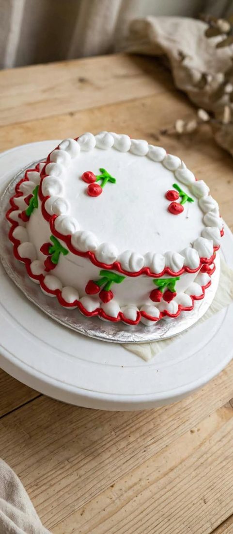 Chocolate sponge cake with white cream frosting and red and green decorative accents