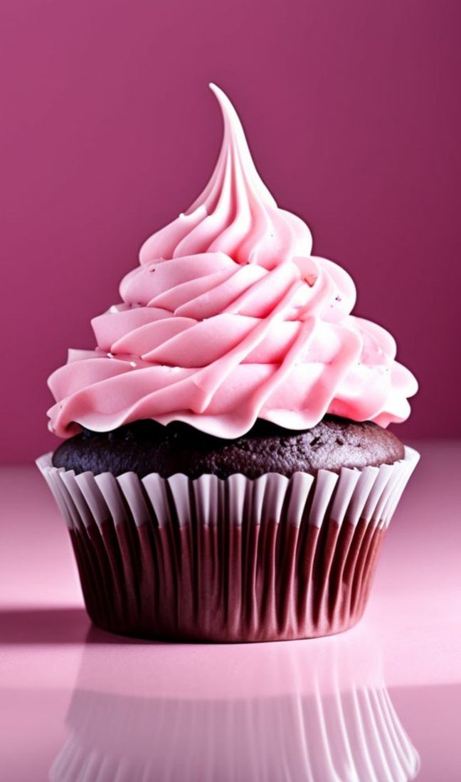 Chocolate cupcake with a pink cream swirl in a striped liner