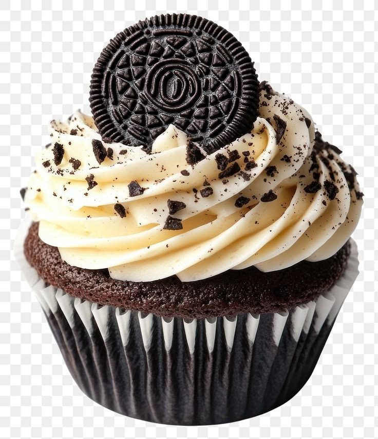 Chocolate cupcake with cream, cookie crumbs and an Oreo cookie on top
