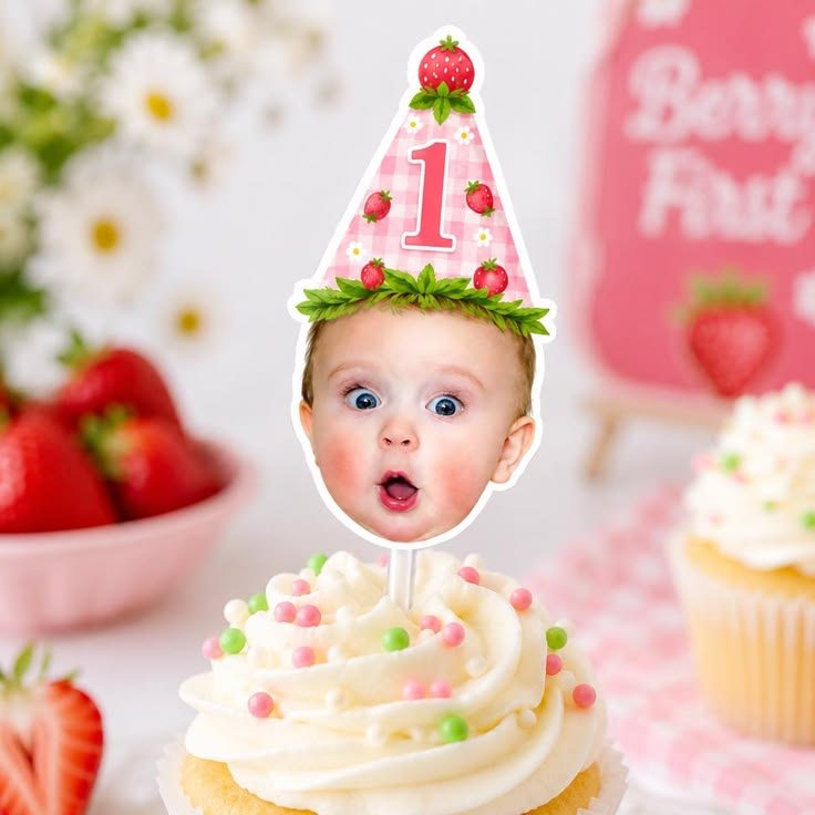 Cupcake with a cream swirl, sprinkles and a custom printed photo cut-out topper
