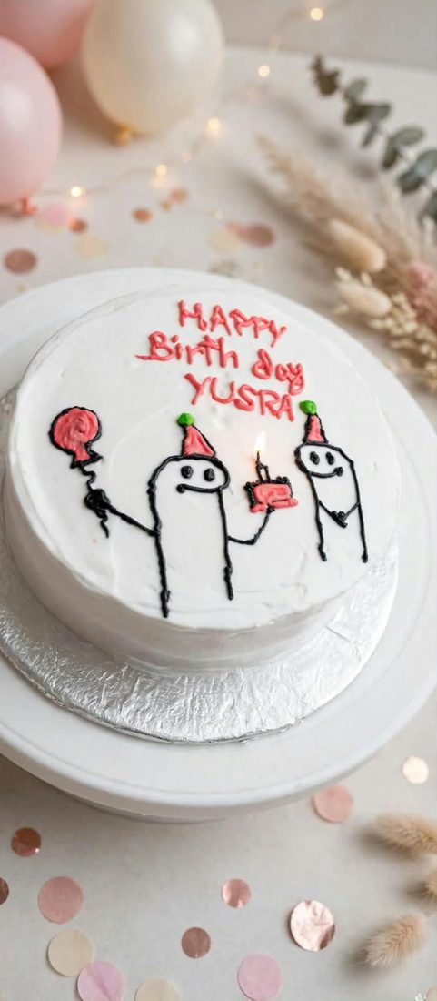 Minimal white birthday cake with a simple illustrated message