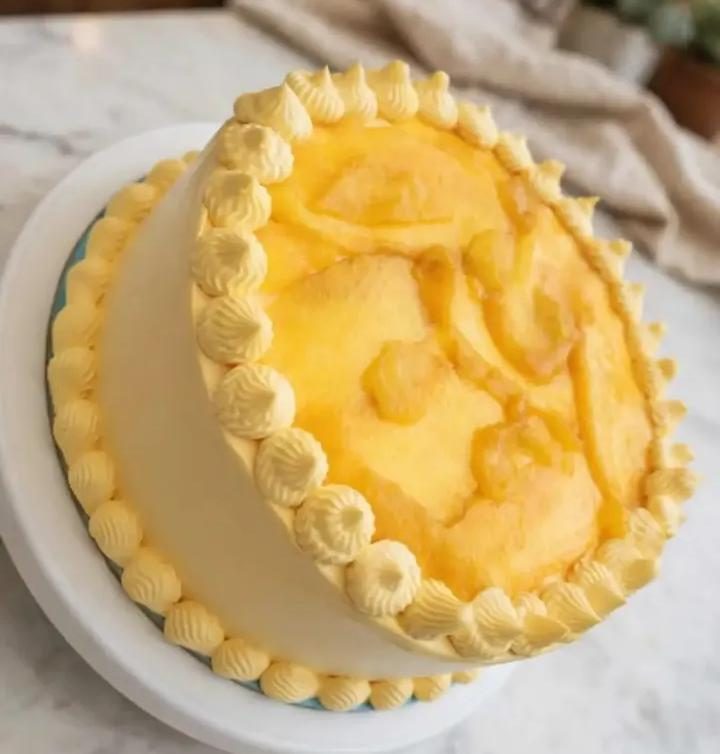 Yellow-frosted cake topped with fresh mango pieces and mango-coloured cream