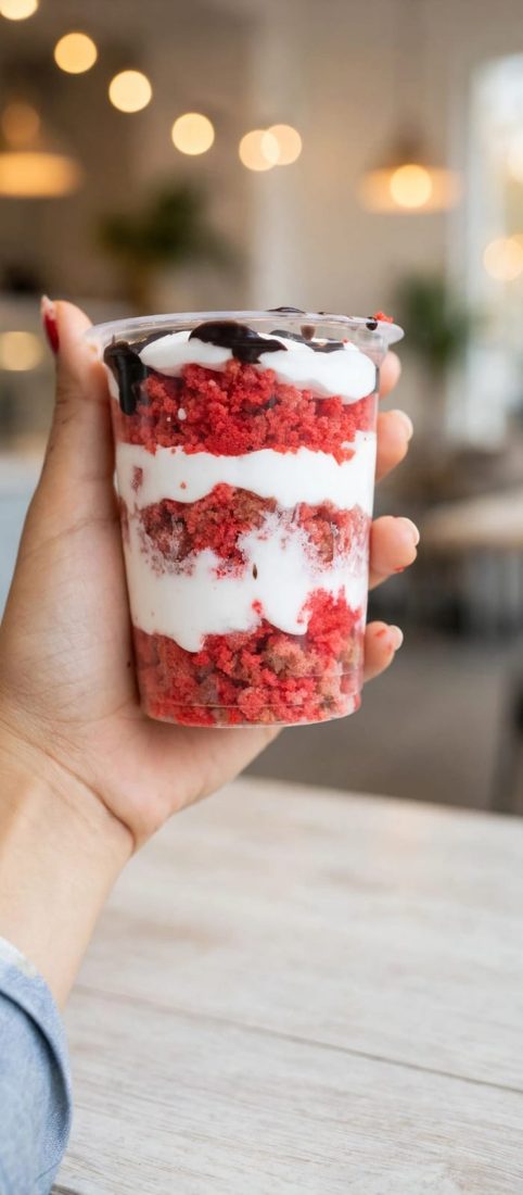 Glass cake cup with red cake crumble layers, white cream and a chocolate drizzle
