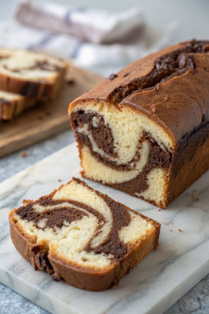 Sliced marble loaf cake with swirls of vanilla and chocolate