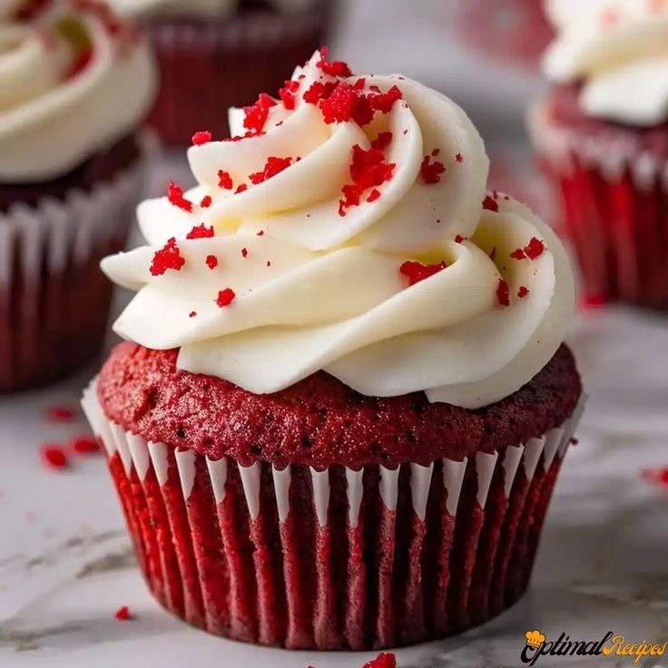Red velvet cupcake with a white cream swirl and red cake crumbs
