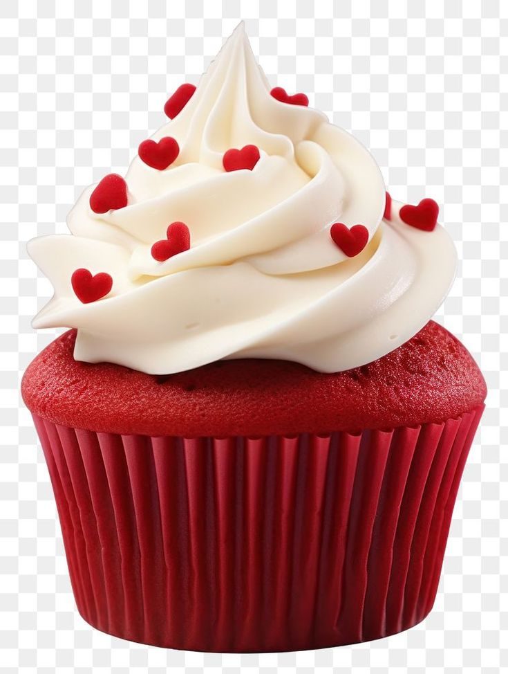 Red velvet cupcake with white cream and small red heart sprinkles
