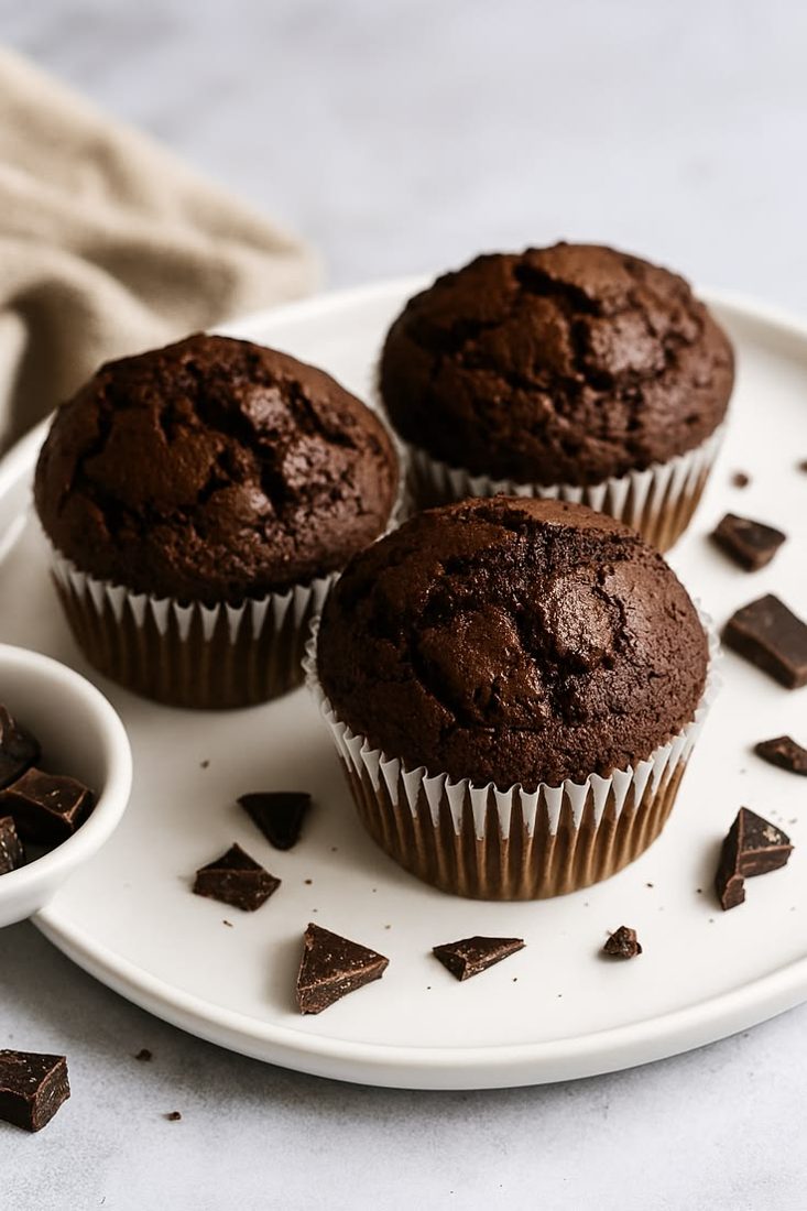 Plain chocolate cupcakes with chocolate chunks on a white plate