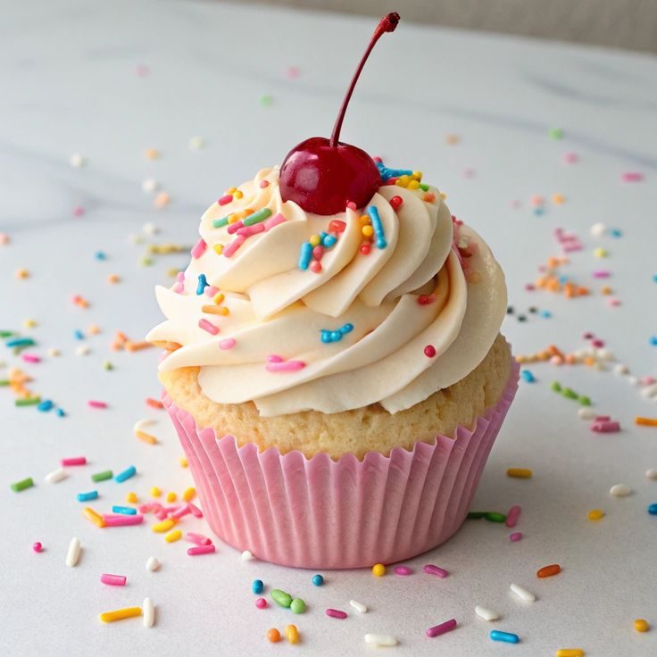 Vanilla cupcake with a pink cream swirl and sprinkles in a pink liner