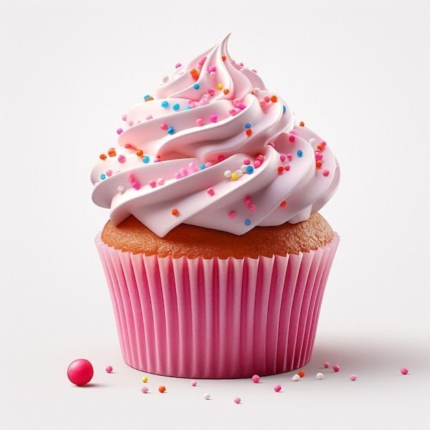 Vanilla cupcake with a cream swirl, rainbow sprinkles and a cherry on top