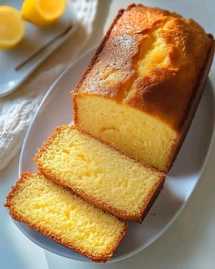 Golden vanilla loaf cake, sliced, on a plate